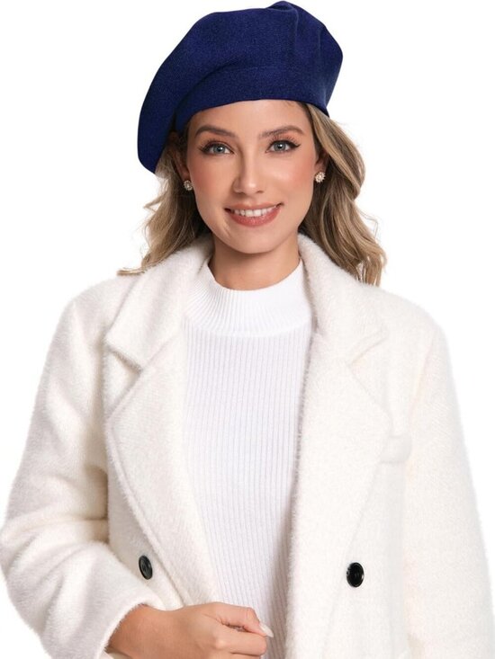 Women\'s French Style Double Layer Winter Autumn Warm, Soft Beanie Hat Navy Blue